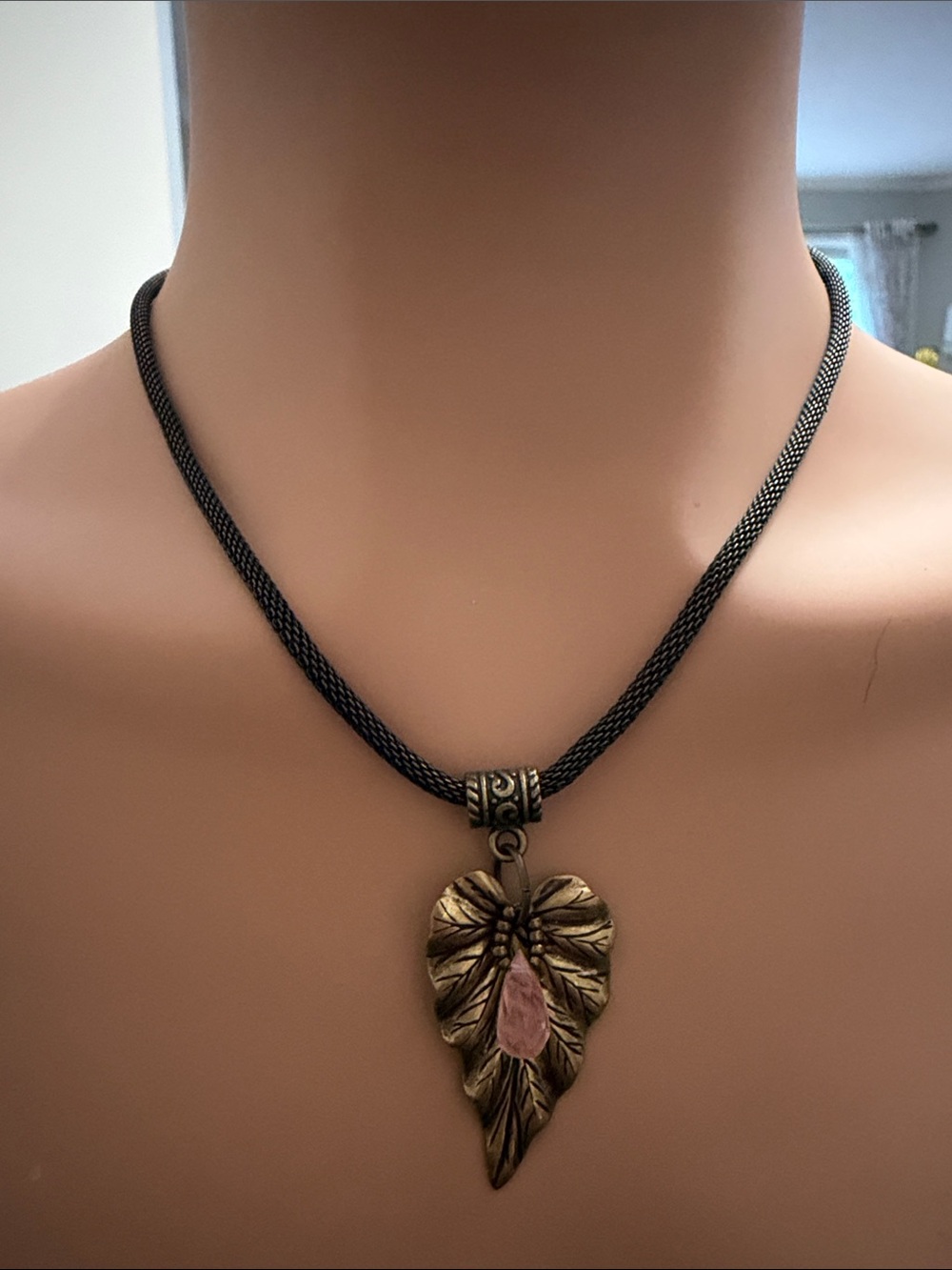 Source Unknown Black Cord Necklace with Gold Leaf Pendant and Pink Stone Accent